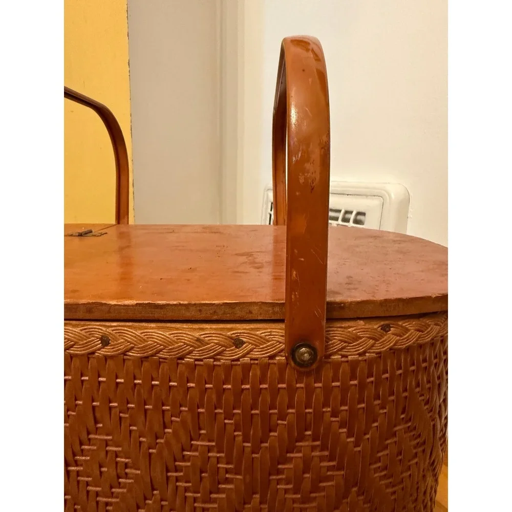 Vintage Red-Man Woven Picnic Basket Wood Lid Brown Diamond Pattern Peru Indiana